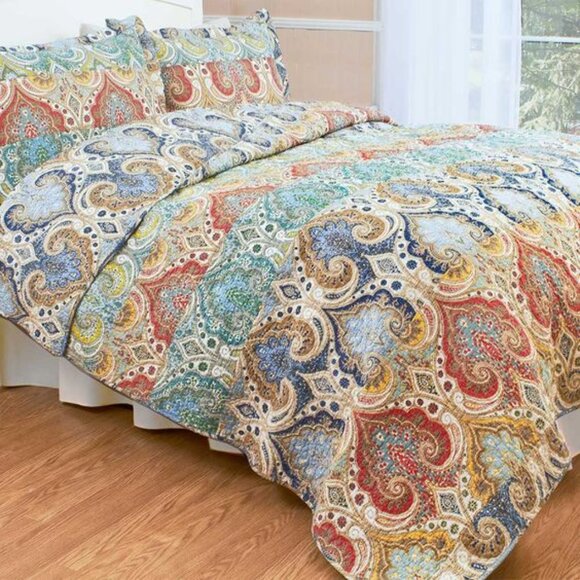 Hand-Sewn Genoa Paisley Twin Quilt 68x86 Cotton Reversible Bedspread Courtpointe - Picture 8 of 9